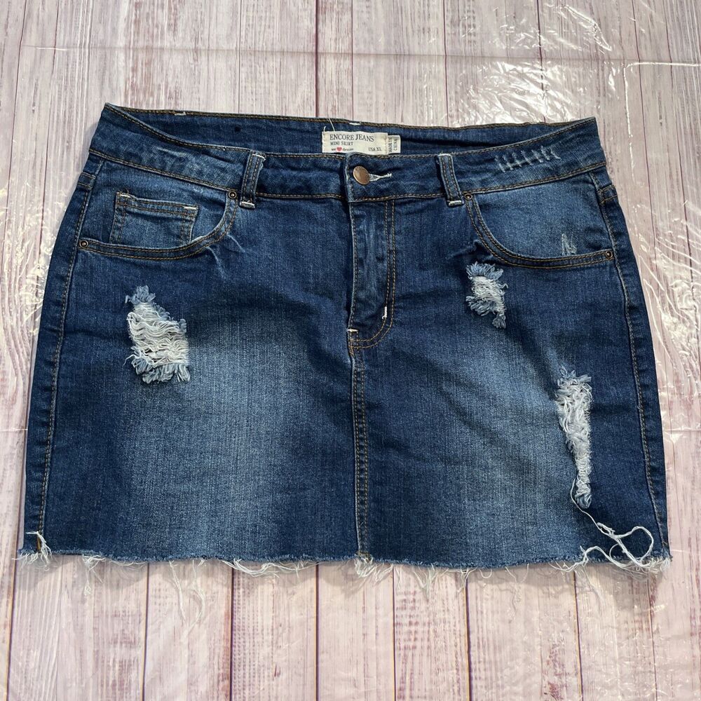 Vintage Encore Jeans Miniskirt Distressed Denim Made in USA Size XL Style 9456.